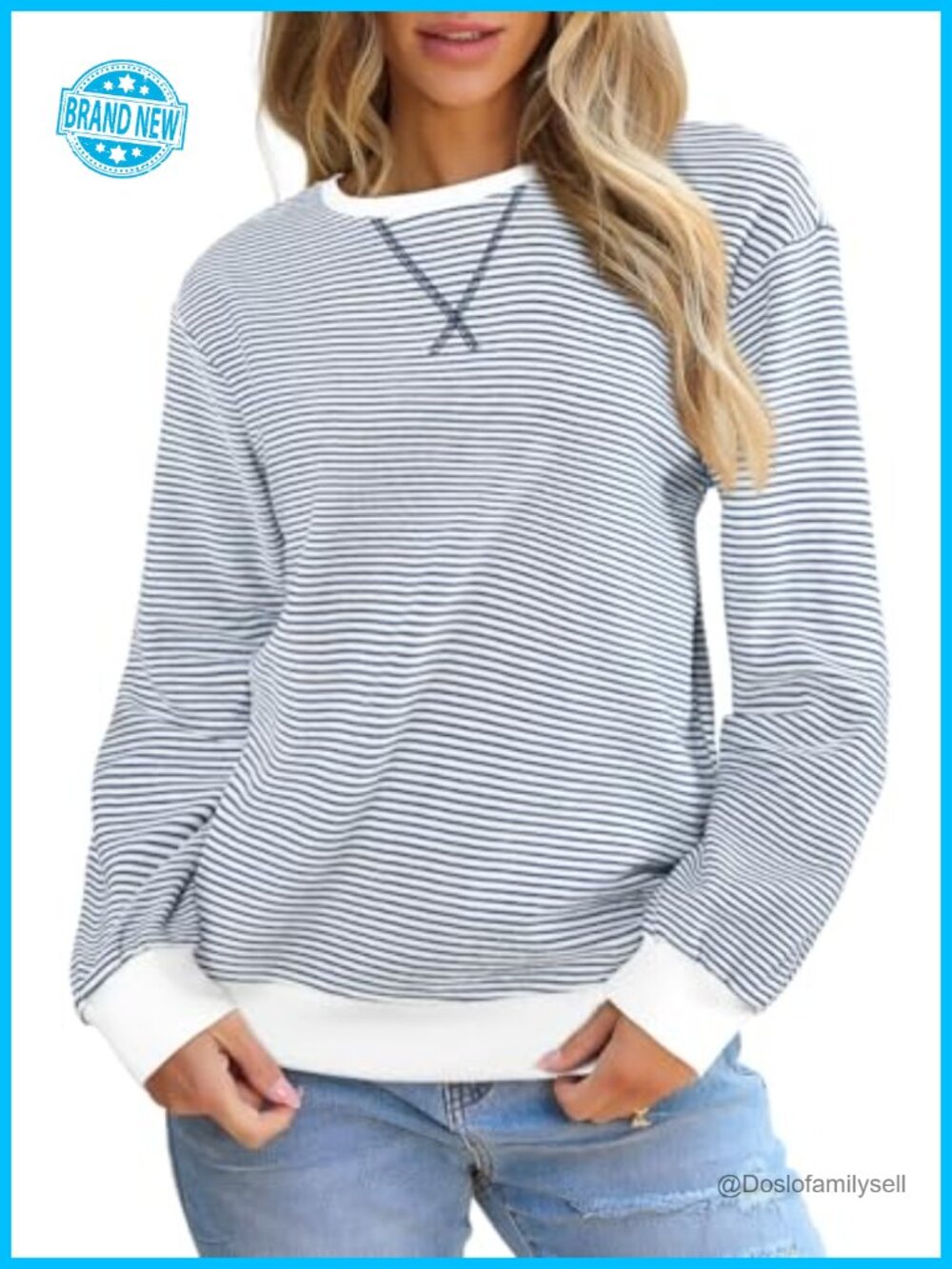 Women's Striped Crewneck Sweatshirt Drop Shoulder Pullover Tunic Top
